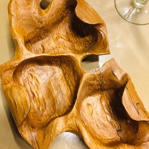 Hand carved walnut wood bowl with three sections. Mid century modern.